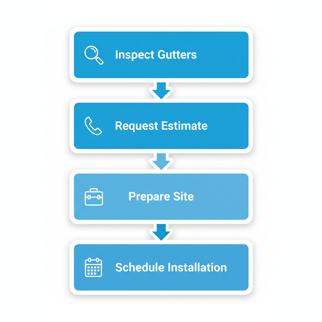 Vertical process flow diagram showing four steps to get started with seamless gutters in Groveland, including inspection, estimate request, site preparation, and scheduling.