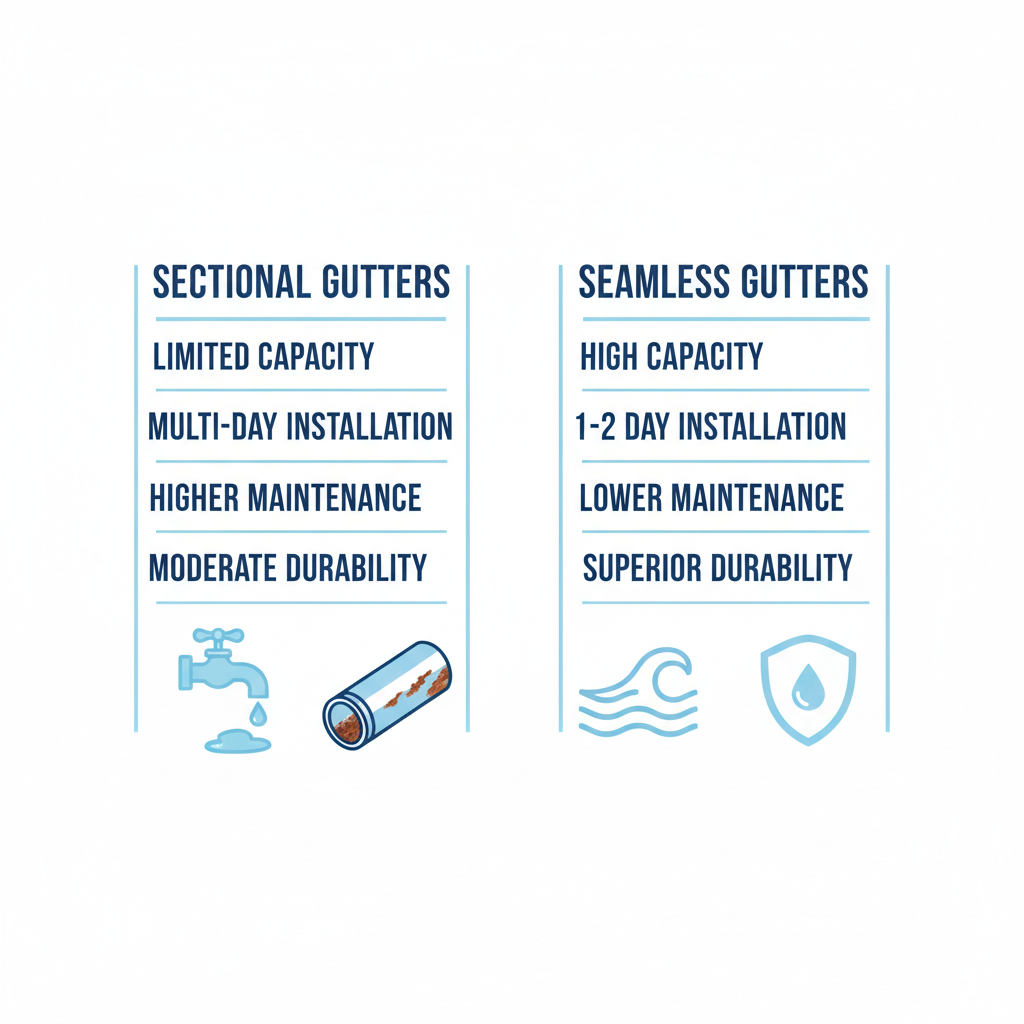 Side-by-side infographic comparison of sectional versus seamless gutters for homes in Groveland, Florida, showing capacity, installation time, maintenance, and durability differences with icons.