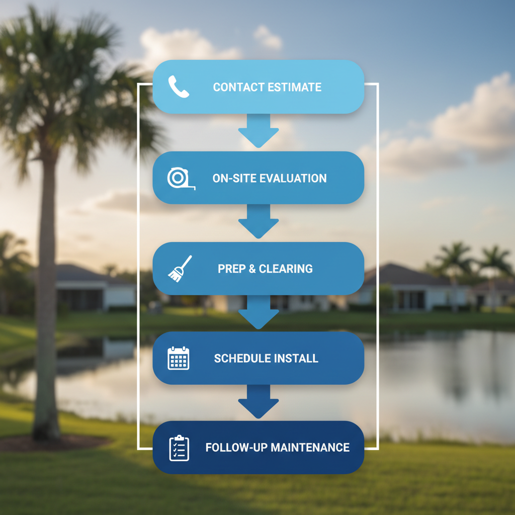Vertical process flow diagram showing five steps to start a gutter project: contact for estimate, on-site evaluation, preparation and clearing, scheduling installation, and follow-up maintenance.