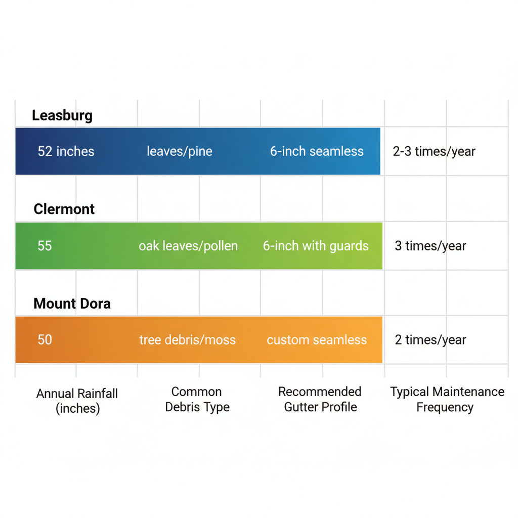 Horizontal bar chart comparing gutter challenges like rainfall, debris, profile, and maintenance frequency across Leesburg, Clermont, and Mount Dora in Central Florida.