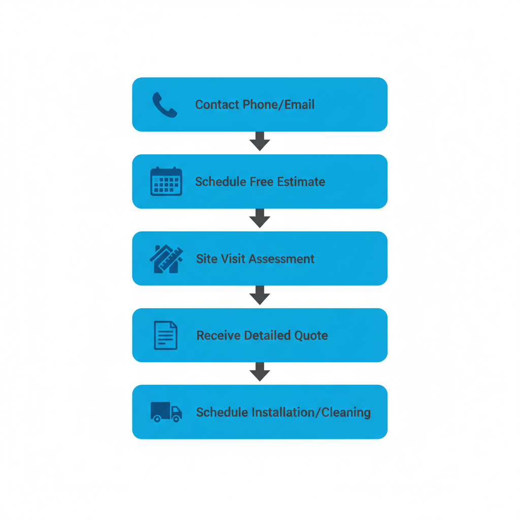 Vertical process flow diagram illustrating five steps to initiate gutter services in Leesburg, featuring icons for each stage.