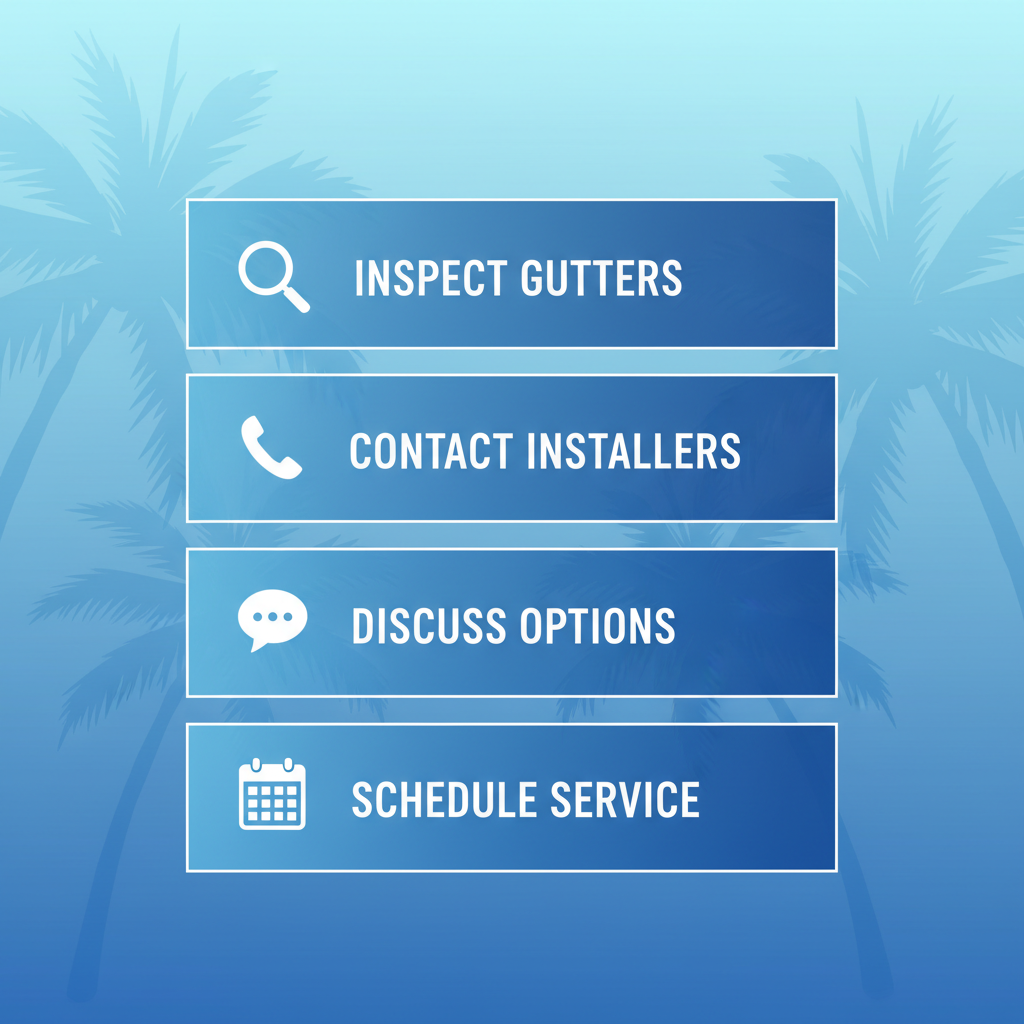 Vertical process flow diagram illustrating four steps to start a gutter project in Minneola: inspect gutters, contact local installers, discuss options, and schedule service.