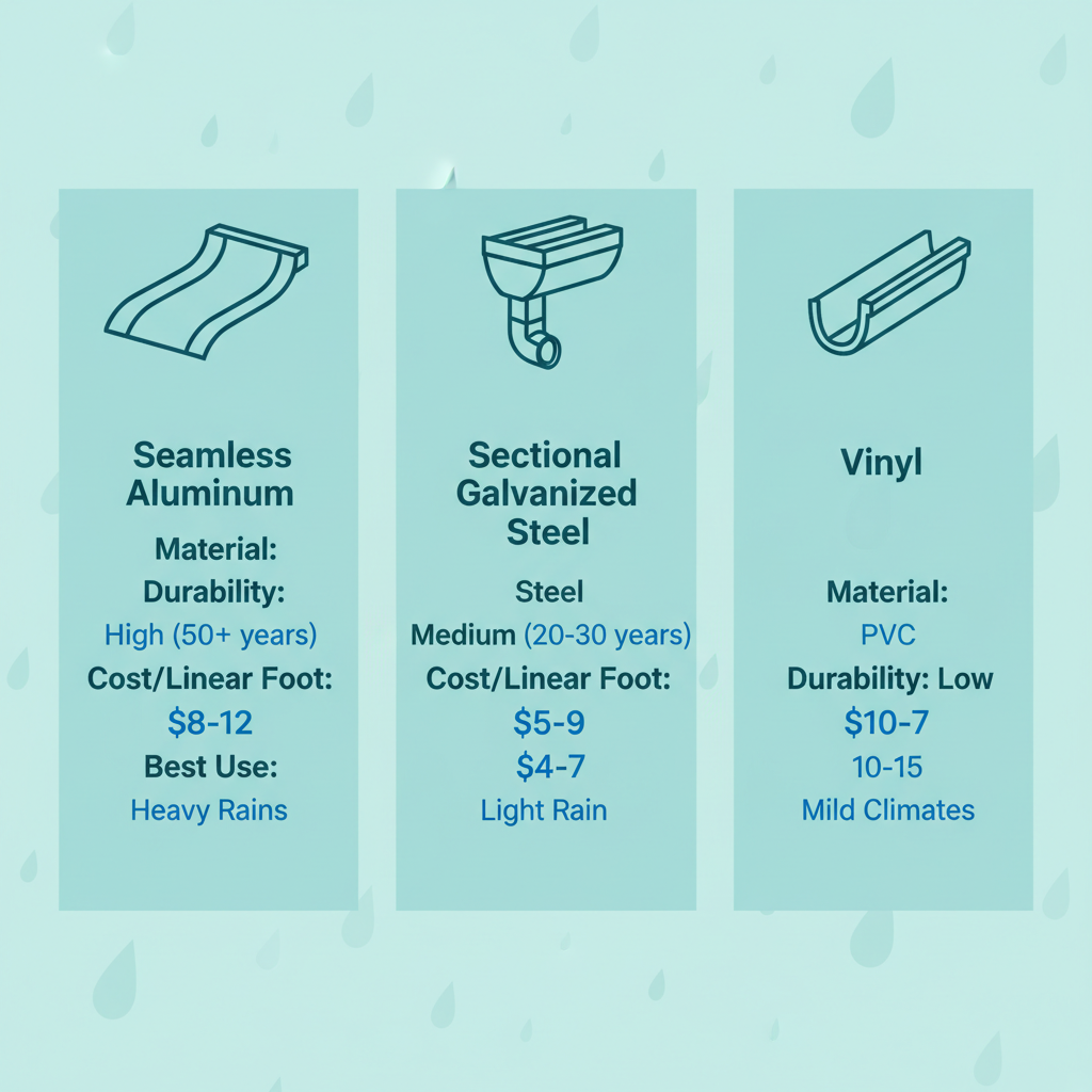 Infographic comparing seamless aluminum, sectional galvanized steel, and vinyl gutters for Minneola homes with durability, cost, and weather suitability details.