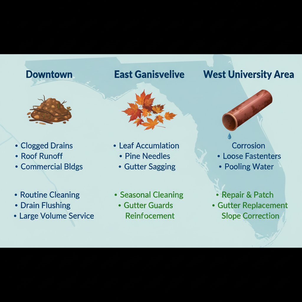 Infographic comparing gutter challenges and services in three Gainesville neighborhoods