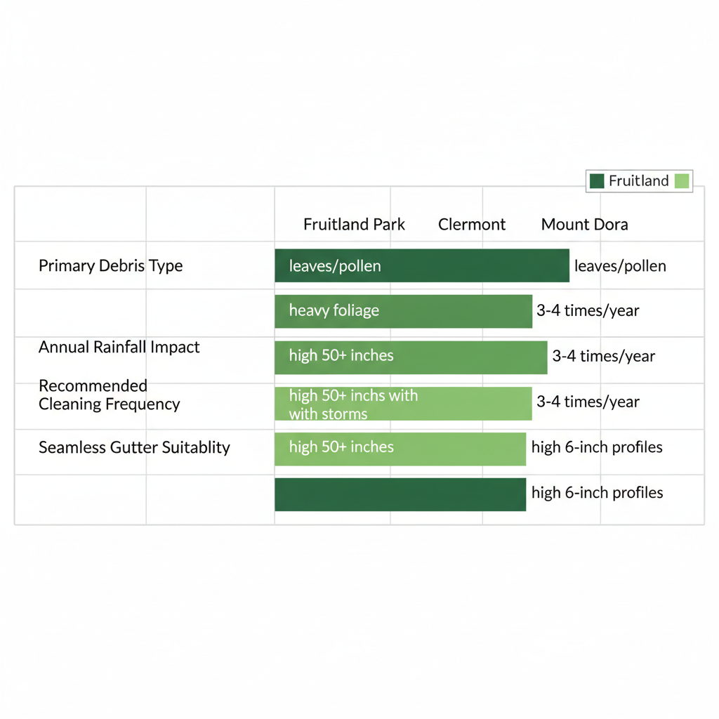 Horizontal bar chart comparing gutter challenges across Fruitland Park, Clermont, and Mount Dora in Central Florida.