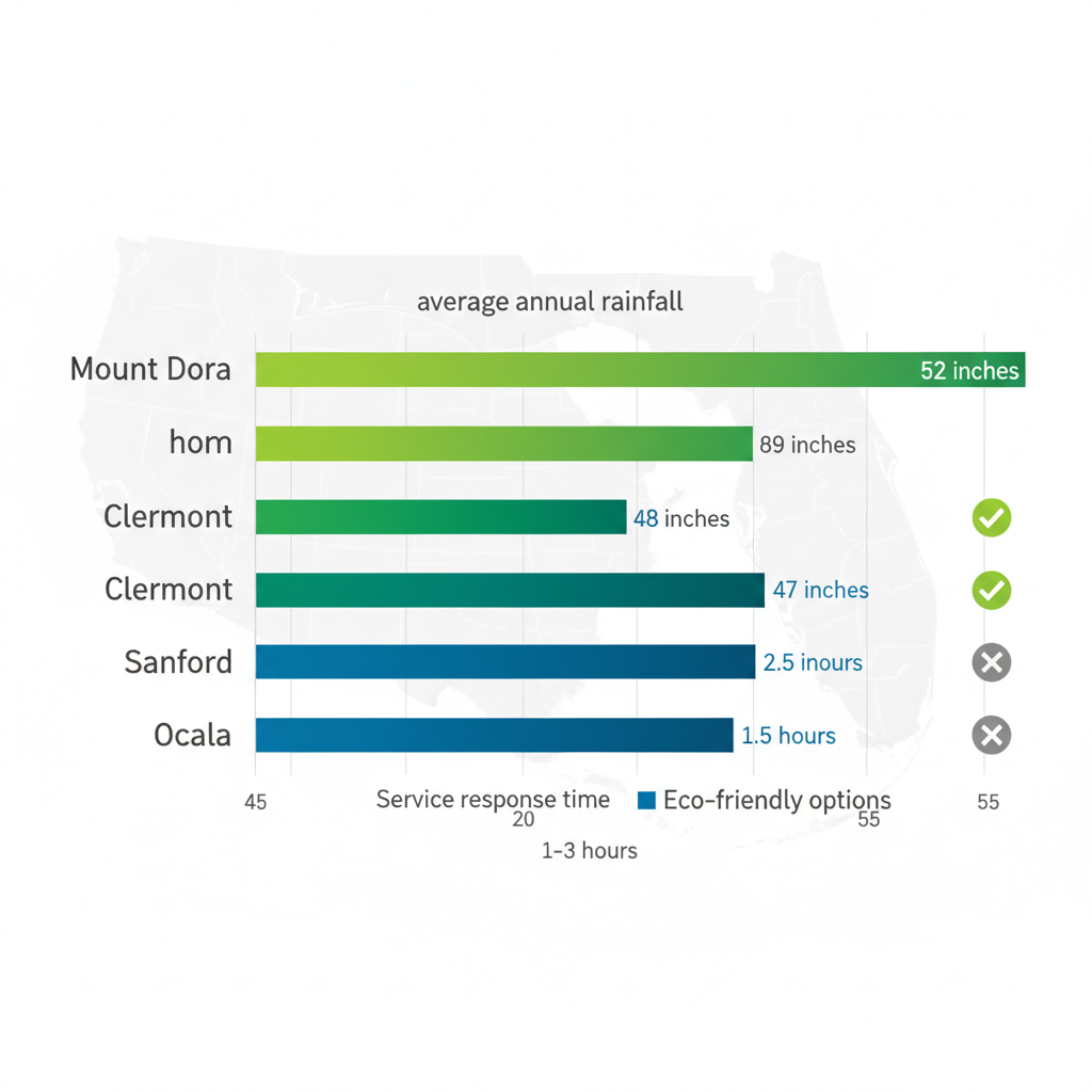 Horizontal bar chart comparing annual rainfall, response times, and eco-friendly options for gutter services in Mount Dora, Clermont, Sanford, and Ocala, Central Florida.