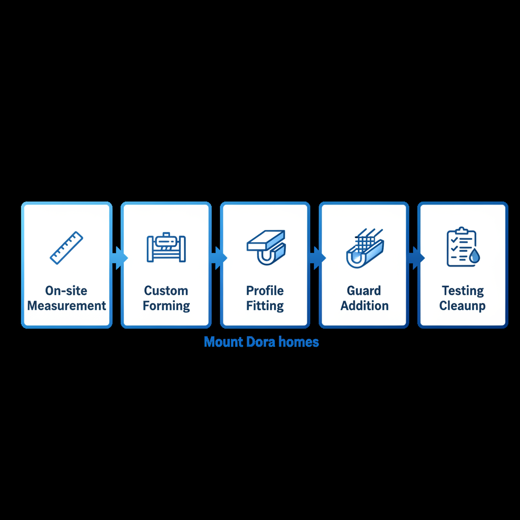Horizontal process flow diagram illustrating seamless gutter installation steps: measurement, forming, fitting, guards, and testing for Mount Dora.