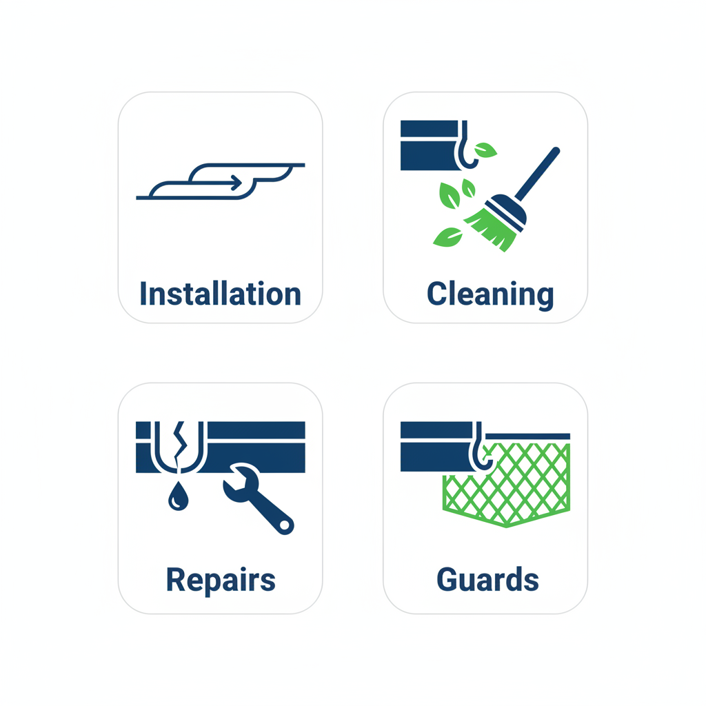 Icon grid showing gutter services: installation, cleaning, repairs, and guards