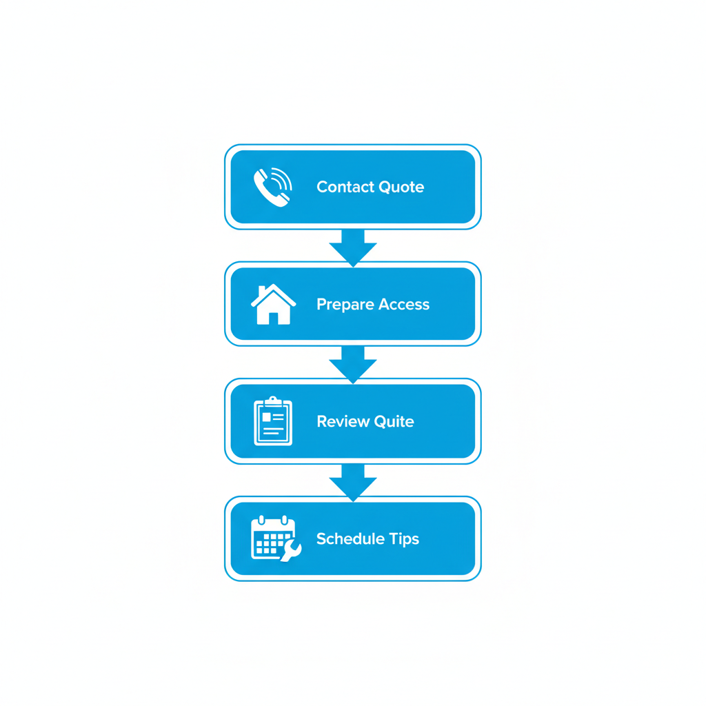 Vertical process flow diagram showing five steps to begin a gutter project in Deland, Florida, with icons and arrows connecting stages.