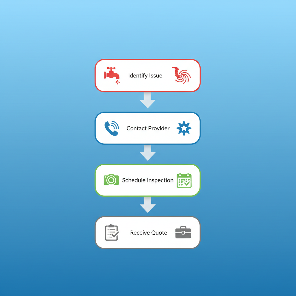 Vertical process flow diagram outlining four key steps to engage plumbing services in Arcadia with icons and arrows.