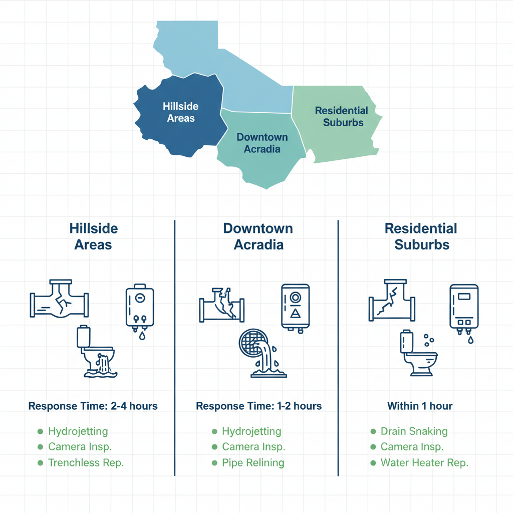 Infographic comparing plumbing challenges, response times, and services across three Arcadia neighborhoods: Hillside Areas, Downtown, and Residential Suburbs.