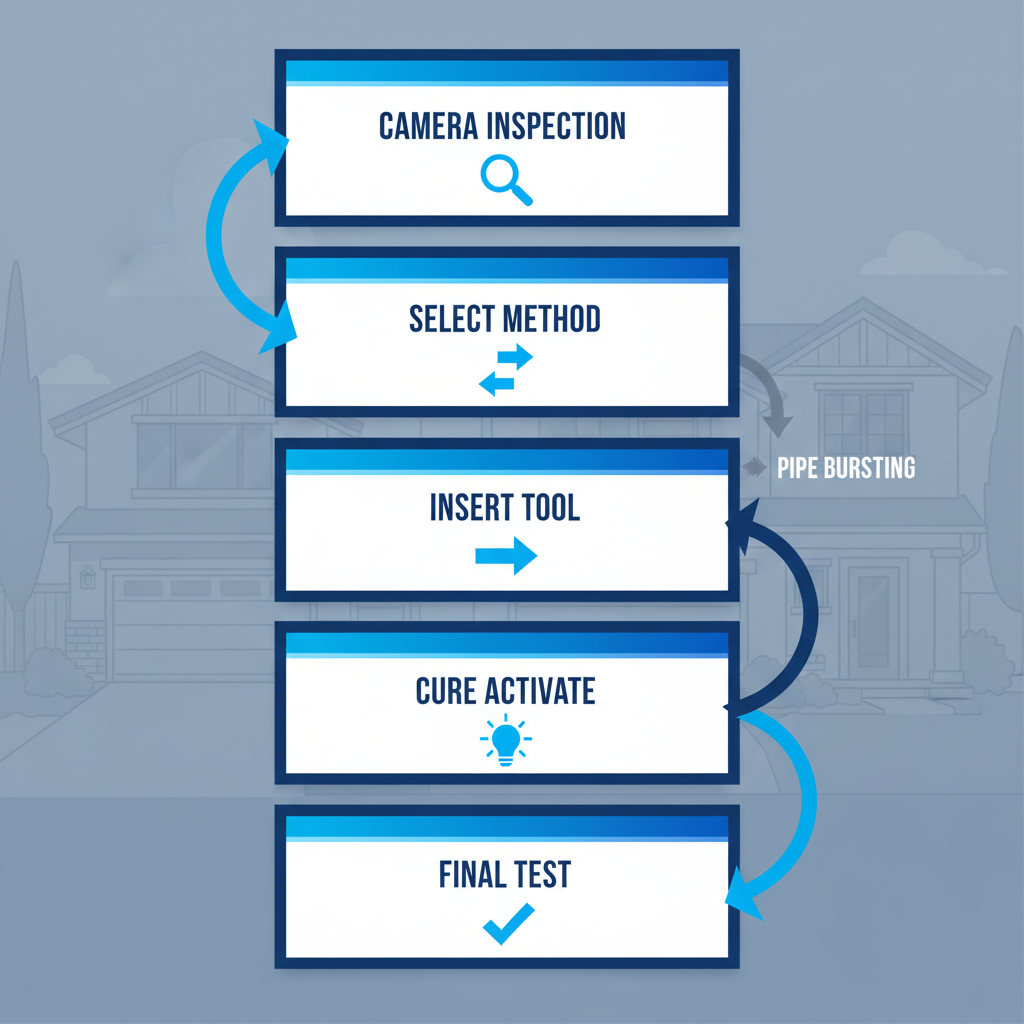 Vertical process flow diagram of trenchless sewer repair steps for Pasadena plumbing services