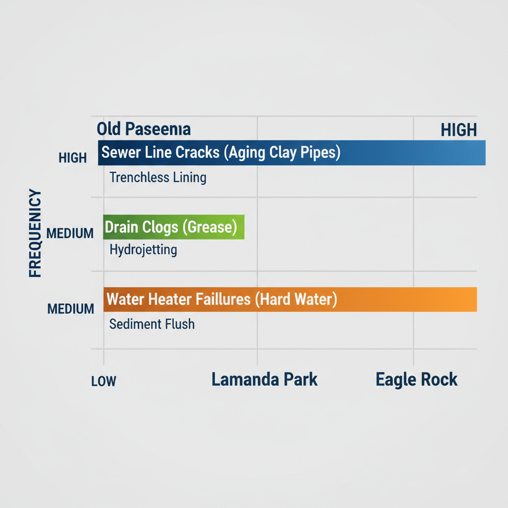 Horizontal bar chart comparing common plumbing issues and frequencies in Old Pasadena, Lamanda Park, and Eagle Rock neighborhoods.