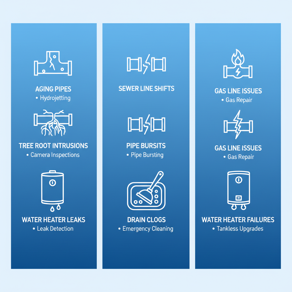 Infographic comparing common plumbing issues and solutions in Pasadena, Altadena, and South Pasadena regions with icons and short labels.