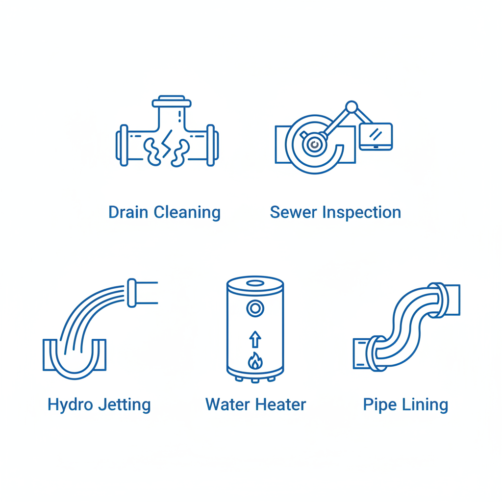 Icons of plumbing services including drain cleaning, sewer inspection, hydrojetting, water heater installation, and trenchless pipe lining in Pasadena