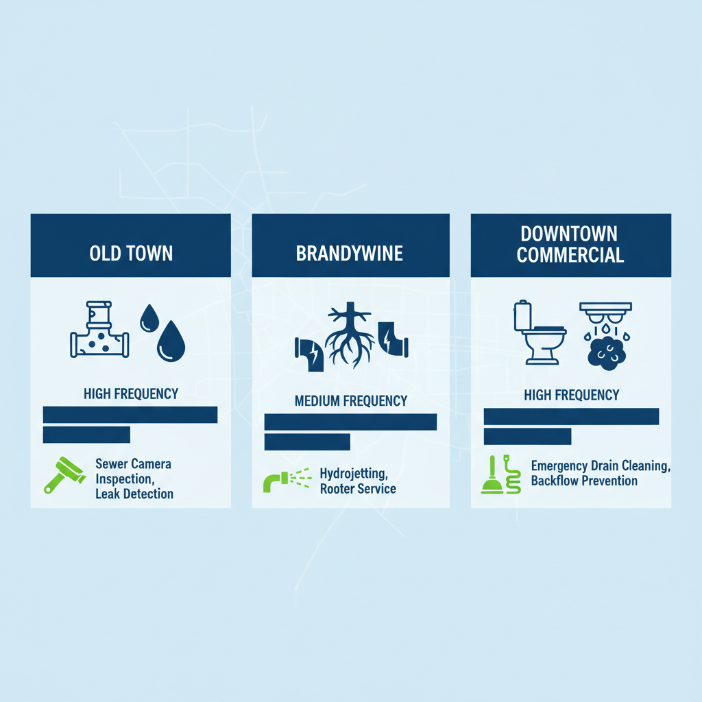 Infographic comparing plumbing issues in Monrovia neighborhoods with service icons