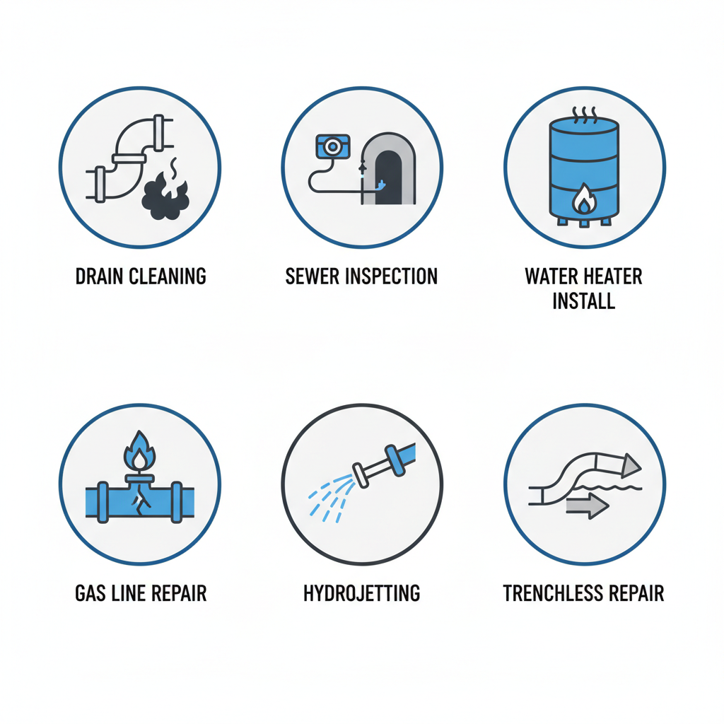 Grid of icons illustrating plumbing services including drain cleaning, sewer inspection, water heater installation, gas line repair, hydrojetting, and trenchless pipe repair available in Monrovia