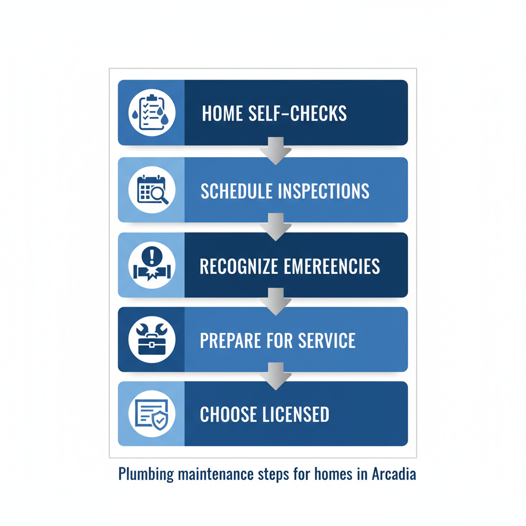 Vertical process flow diagram illustrating five stages of plumbing maintenance in Arcadia: home self-checks, scheduling inspections, recognizing emergencies, preparing for service, and choosing a licensed provider.