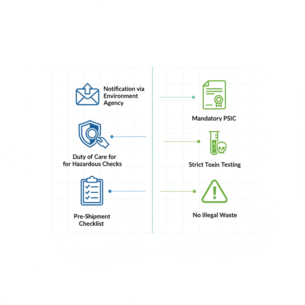 Infographic comparing UK and DGFT requirements for pre-shipment inspection of scrap exports with icons in blue and green columns.