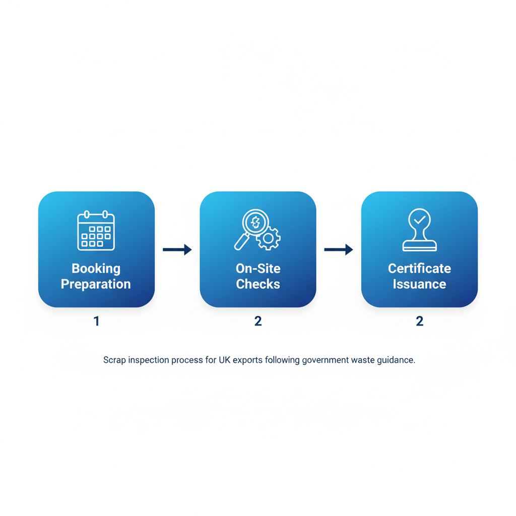 Horizontal process flow diagram showing three stages of scrap inspection for UK exports: booking preparation, on-site checks, and certificate issuance.