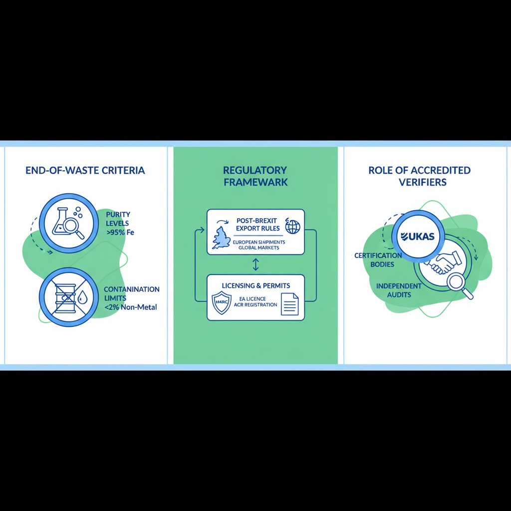Infographic illustrating end-of-waste criteria, regulatory framework, and accredited verifier roles for UK metal scrap inspections