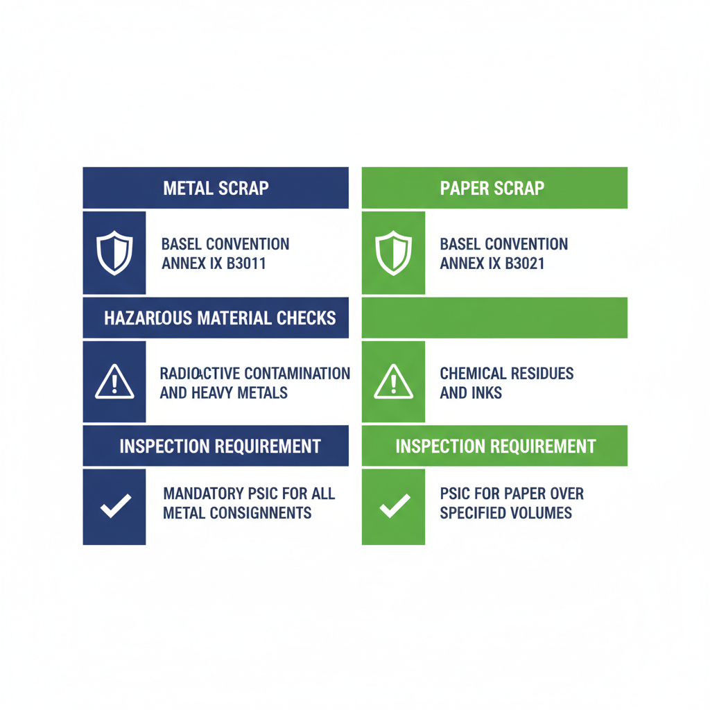 Infographic comparing UK scrap export regulations for metal and paper, showing primary regulations, hazardous checks, and inspection requirements with icons.