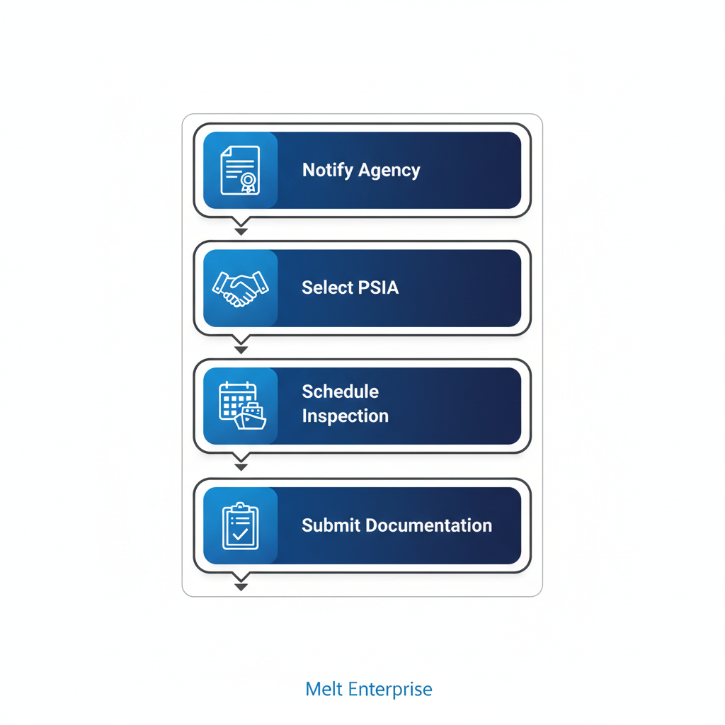 Vertical process flow diagram illustrating four key steps for starting pre-shipment inspections in UK scrap exports: notifying the agency, selecting a PSIA, scheduling at the port, and submitting documentation.