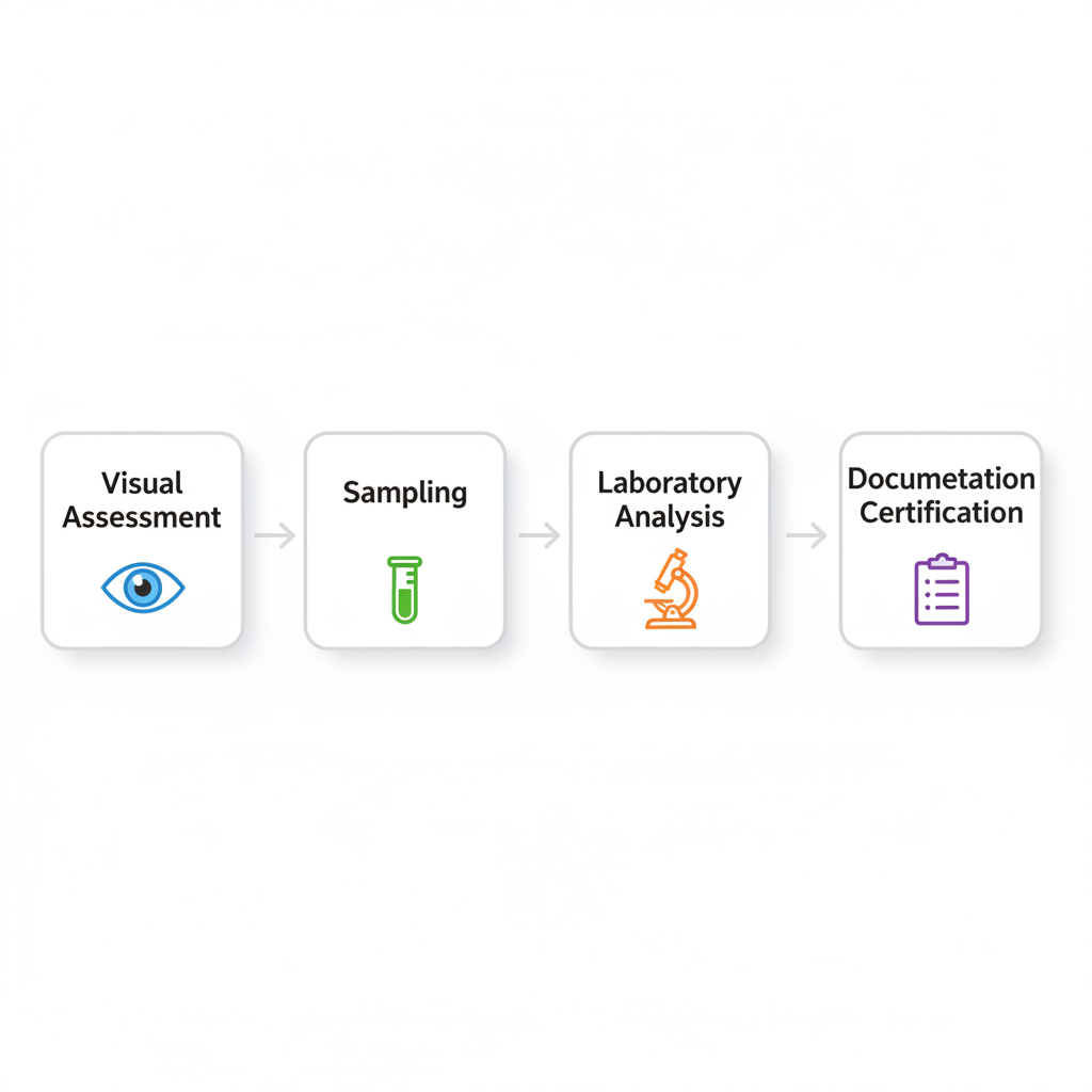Horizontal process flow diagram illustrating four key stages of pre-shipment inspections for scrap materials: visual assessment, sampling, laboratory analysis, and documentation certification.