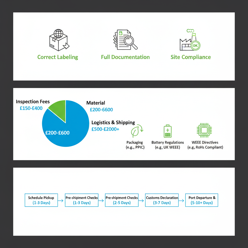 Infographic showing practical steps, costs, and timeline for UK scrap exports with environmental standards.