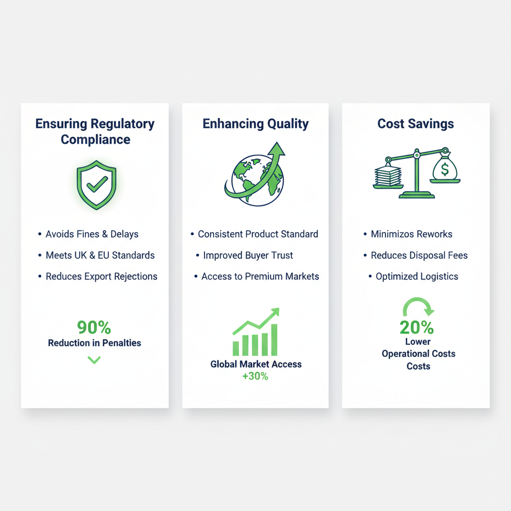 Infographic depicting three benefits of pre-shipment inspection: regulatory compliance, enhanced quality, and cost savings for UK exporters.
