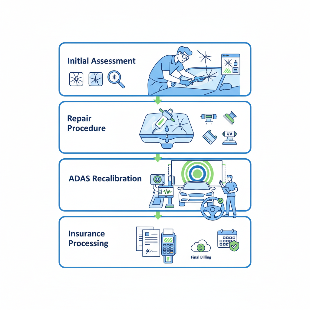 Vertical process flow diagram of professional windshield repair stages including assessment, procedure, testing, and insurance processing