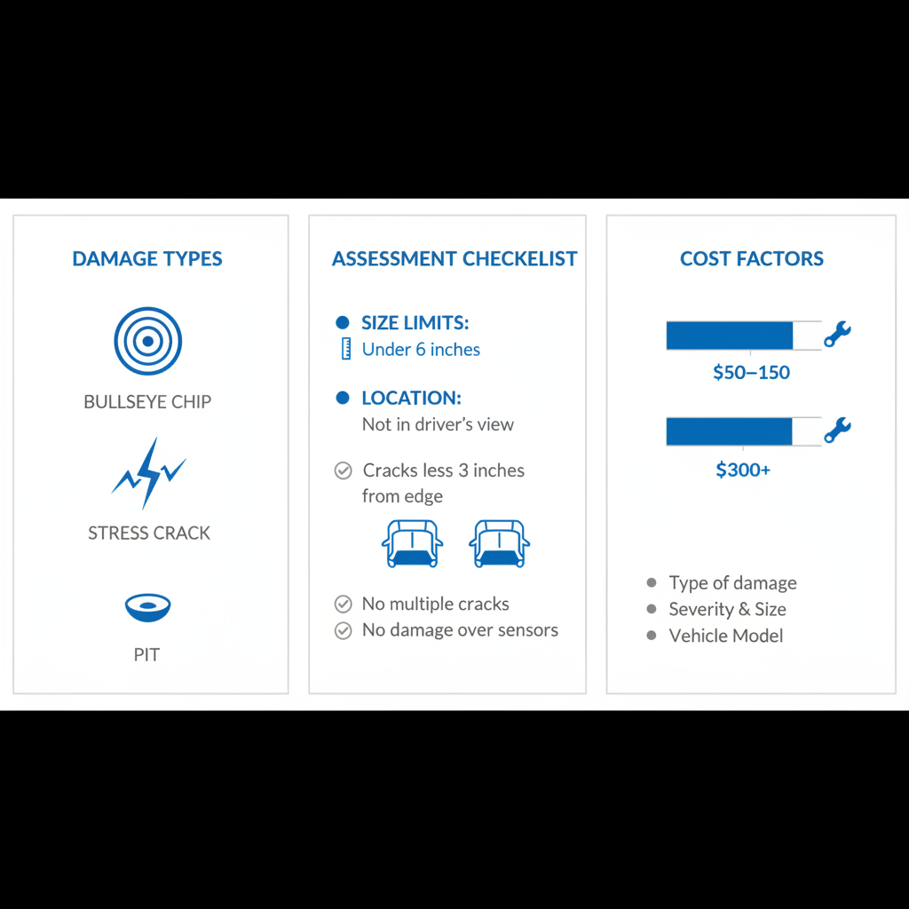 Infographic illustrating types of windshield damage, assessment guidelines, and cost factors specific to Pahrump.