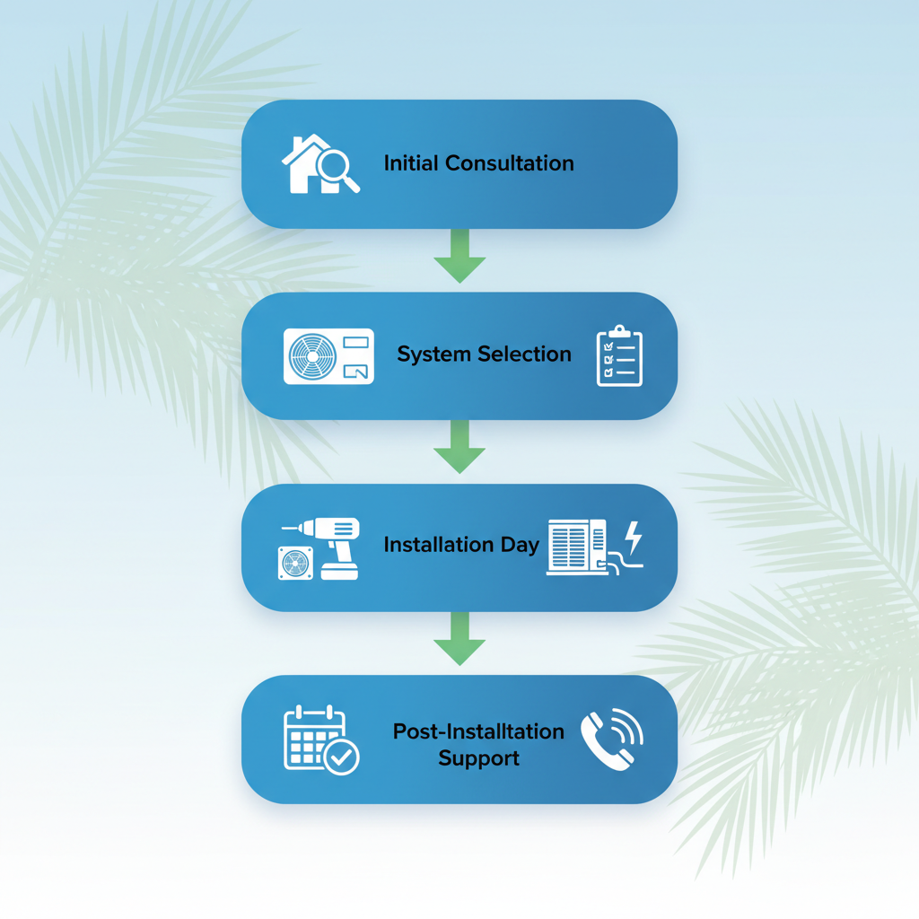 Vertical process flow diagram showing four stages of AC installation: initial consultation, system selection, installation day, and post-installation support.