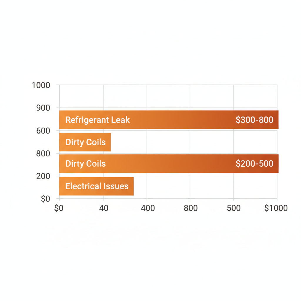 Horizontal bar chart showing cost ranges for AC repairs like refrigerant leaks, dirty coils, and electrical issues in Leesburg.