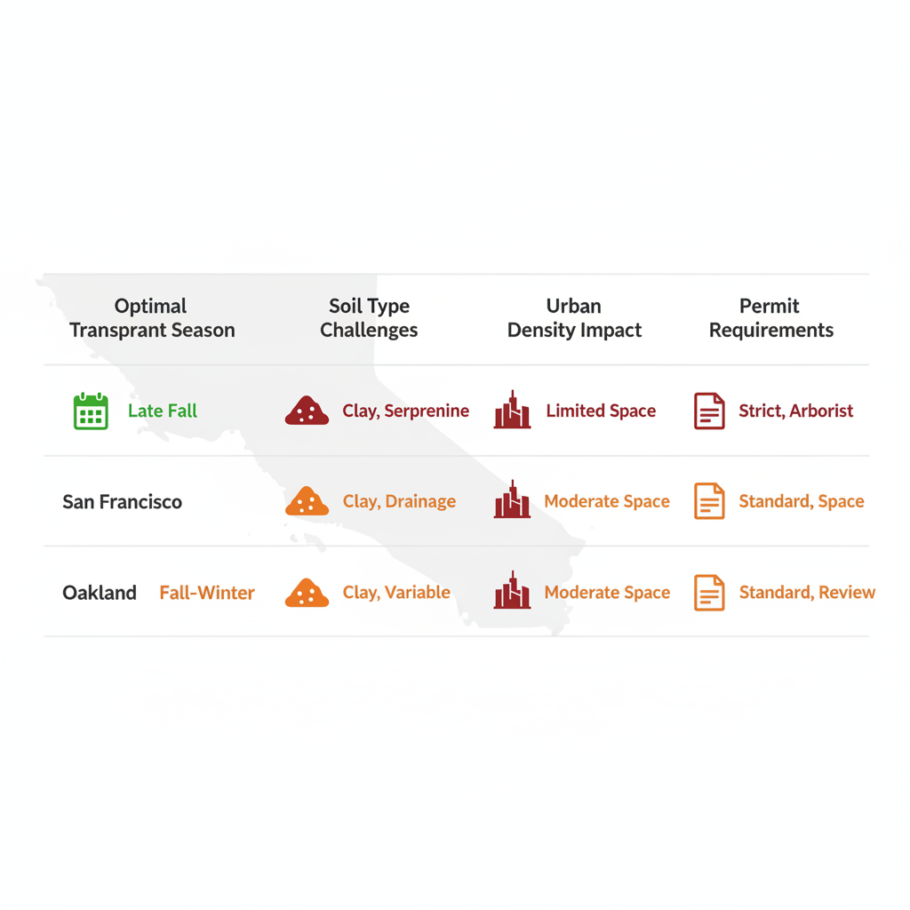 Infographic comparison chart of tree transplant suitability in San Francisco, San Jose, and Oakland regions, covering seasons, soil challenges, urban density, and permit requirements with color coding and icons.