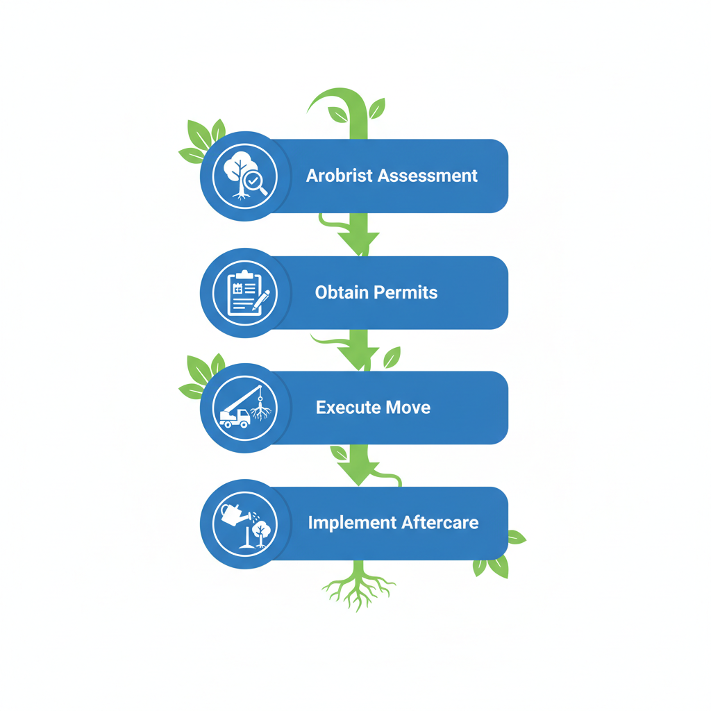 Vertical process flow diagram showing four steps for Bay Area tree transplant: assessment, permits, move, aftercare with icons and green accents.