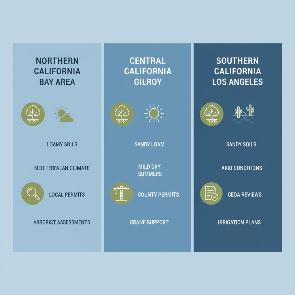 Infographic comparing tree relocation challenges in Northern, Central, and Southern California with icons for soil types, climate, permits, and support services.