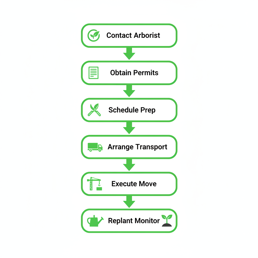 Vertical process flow diagram illustrating six steps for tree relocation project: contact arborist, obtain permits, schedule preparation, arrange transport, execute move, replant and monitor.
