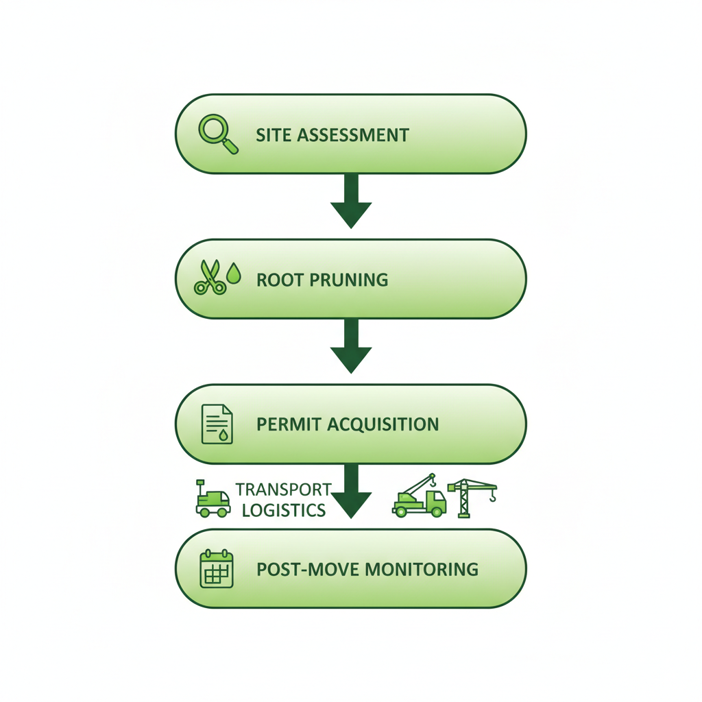 Vertical process flow diagram illustrating five key steps for tree relocation: site assessment, root pruning, permit acquisition, transport, and post-move monitoring.