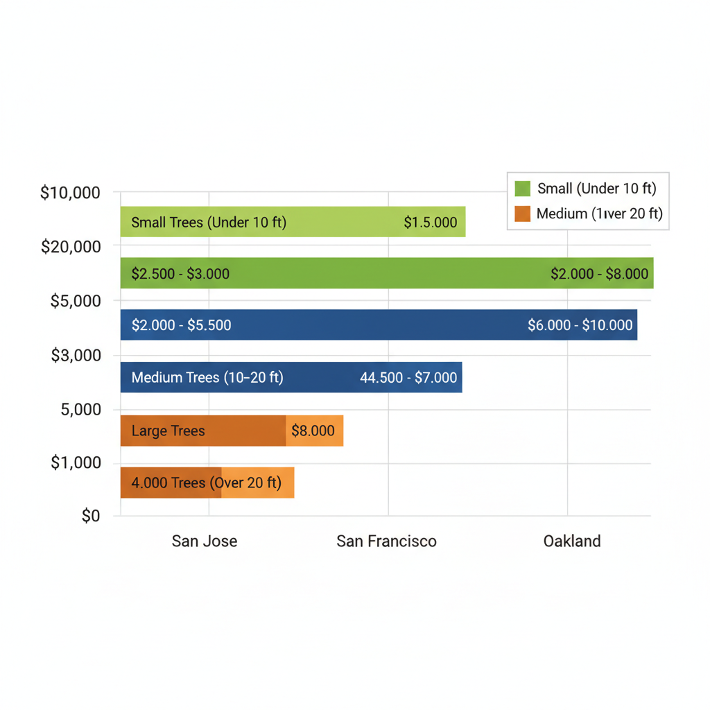 Horizontal bar chart comparing average tree relocation costs across Bay Area regions for small, medium, and large trees