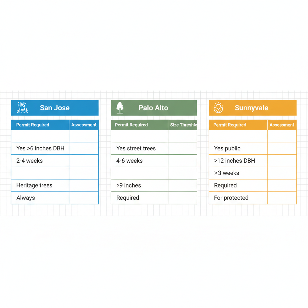 Infographic table comparing tree relocation permit requirements, timelines, and assessments for San Jose, Palo Alto, and Sunnyvale.