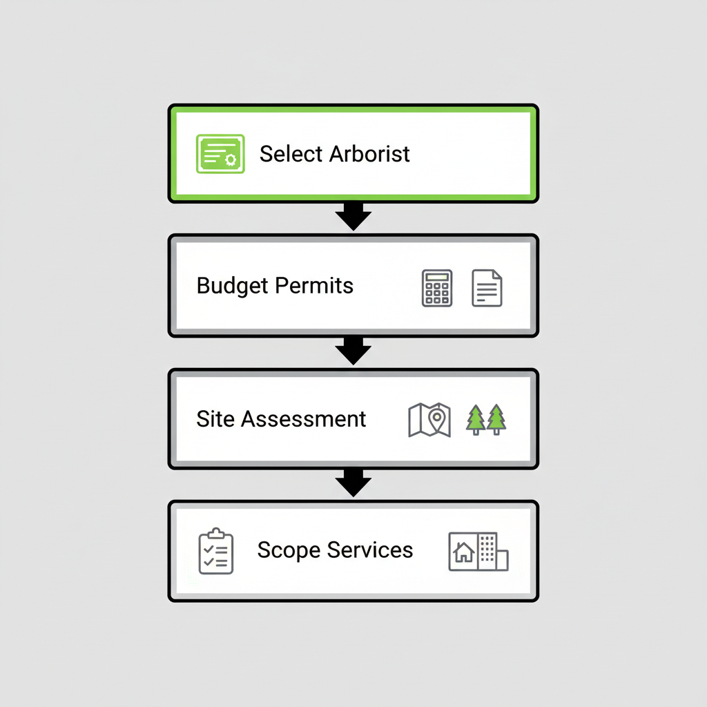 Process flow diagram illustrating initial tree relocation steps: select arborist, budget and permits, site assessment, scope services, with icons and green accents.