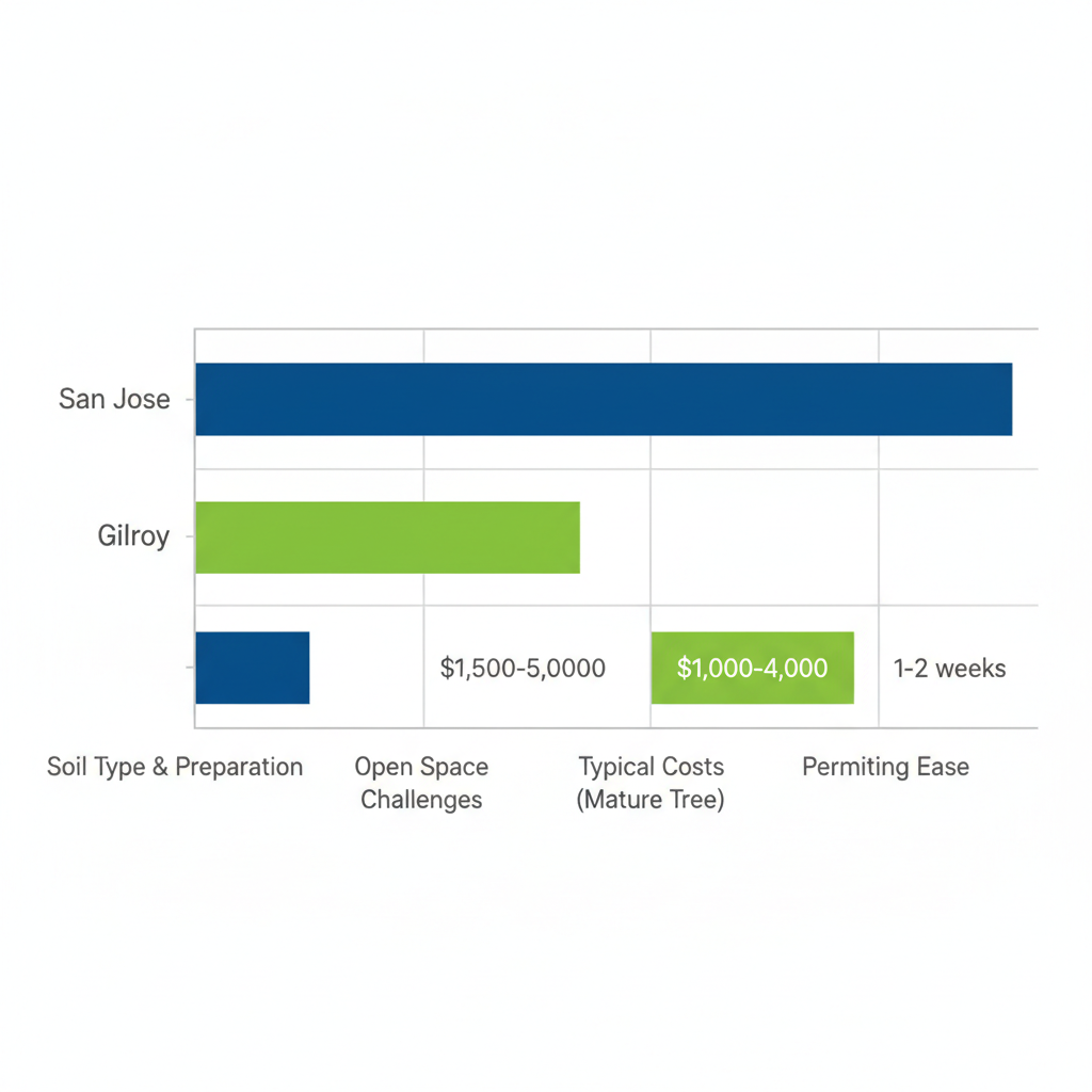 Horizontal bar chart comparing tree relocation factors like costs and permitting between San Jose and Gilroy.