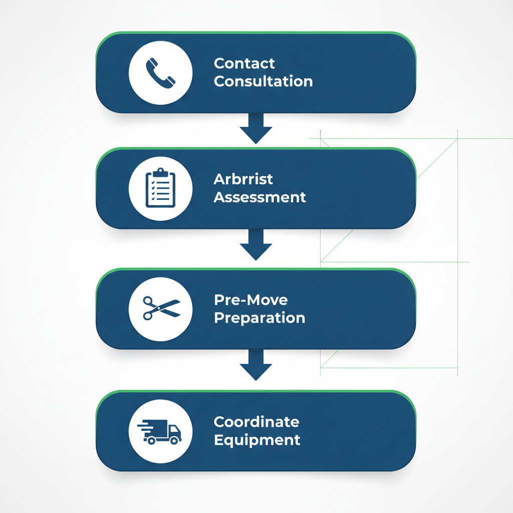 Vertical process flow diagram illustrating four steps for starting tree relocation in San Jose with icons and labels