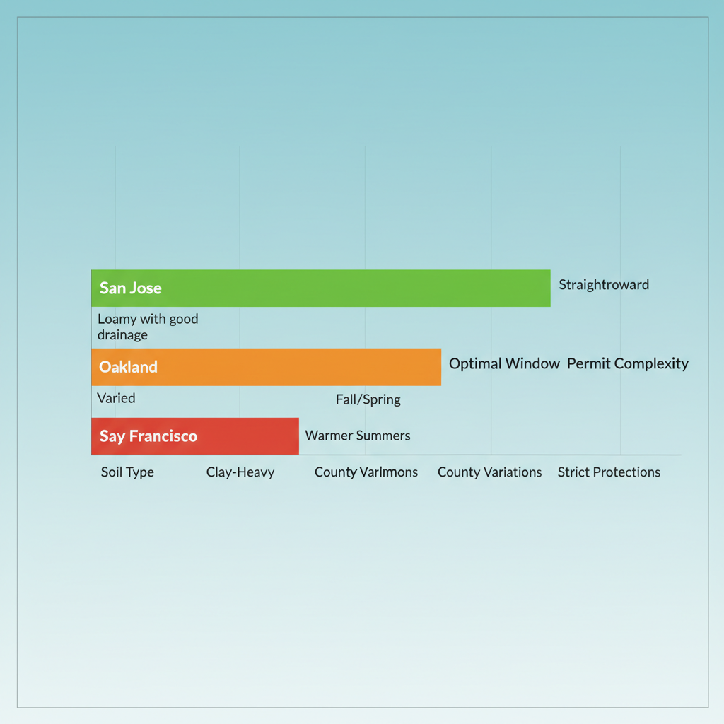 Horizontal bar chart comparing tree transplant factors including soil type, climate window, and permit complexity across San Jose, San Francisco, and Oakland regions with color-coded suitability bars.