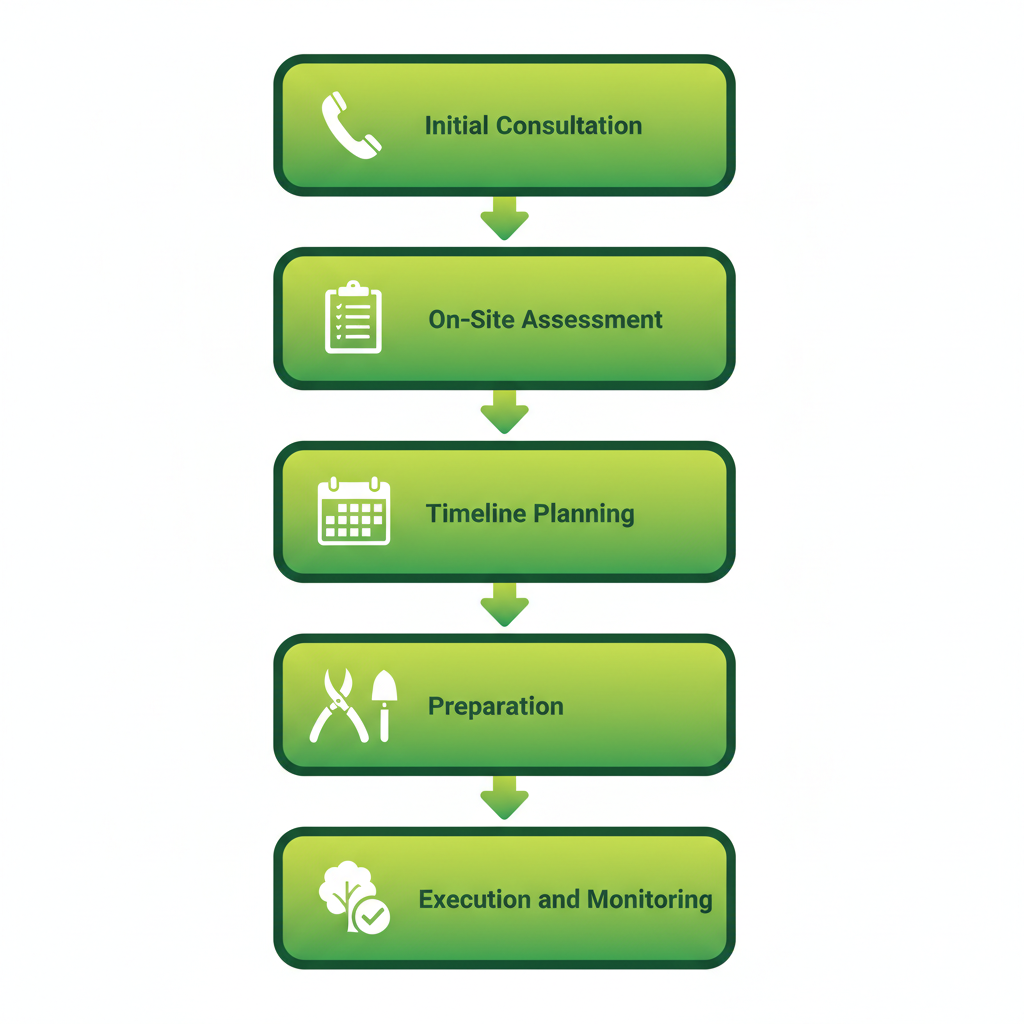 Vertical process flow diagram showing five stages of a tree transplant project: consultation assessment planning preparation and monitoring with icons and brief labels.