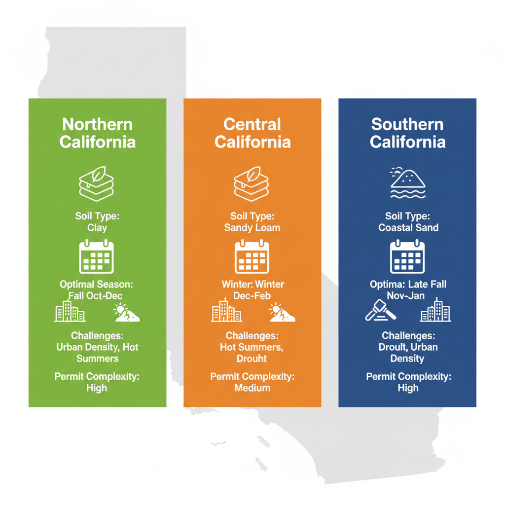 Infographic comparing tree planting conditions across Northern, Central, and Southern California with icons for soil, seasons, challenges, and permits.