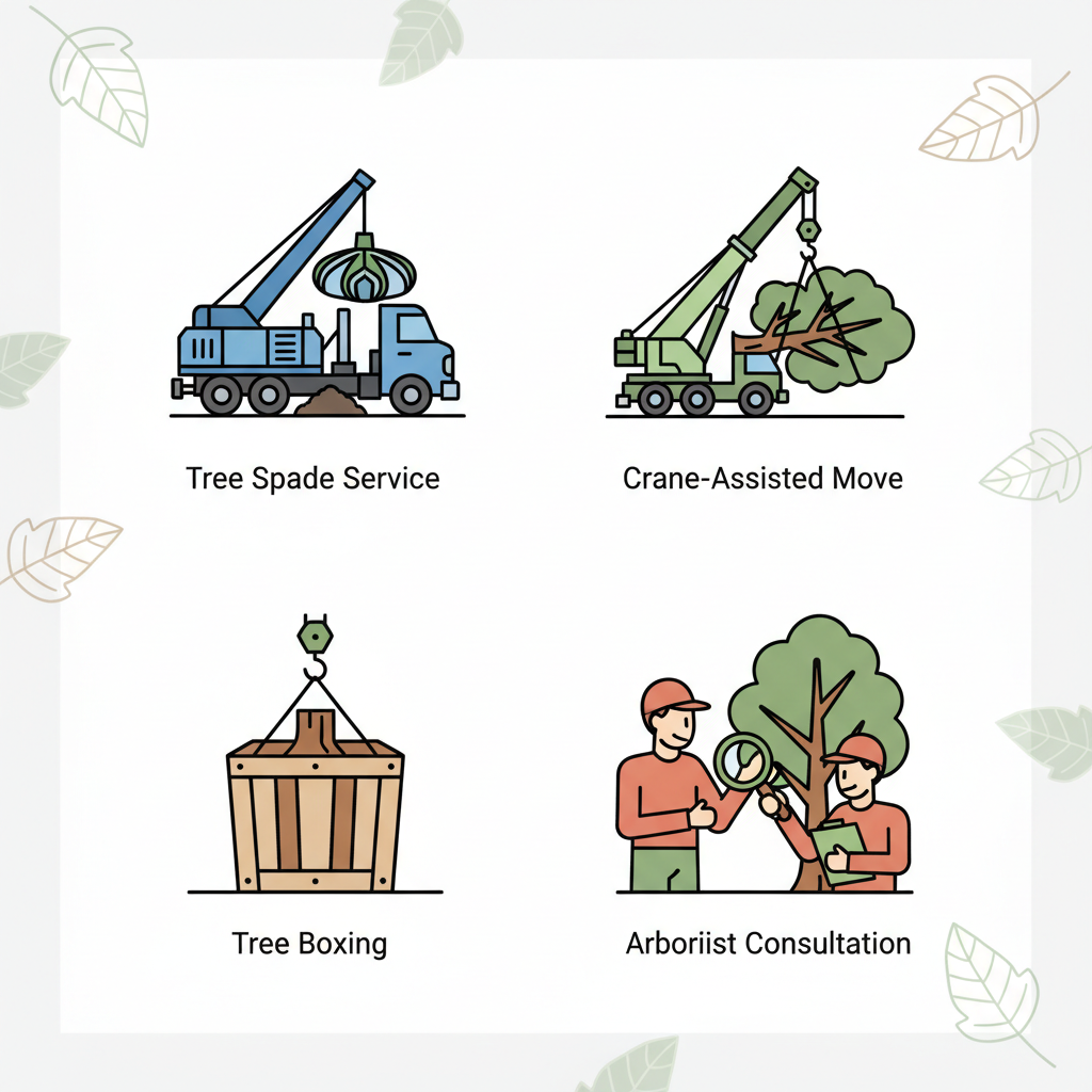 Set of four flat icons illustrating tree relocation services: tree spade, crane move, tree boxing, and arborist consultation.