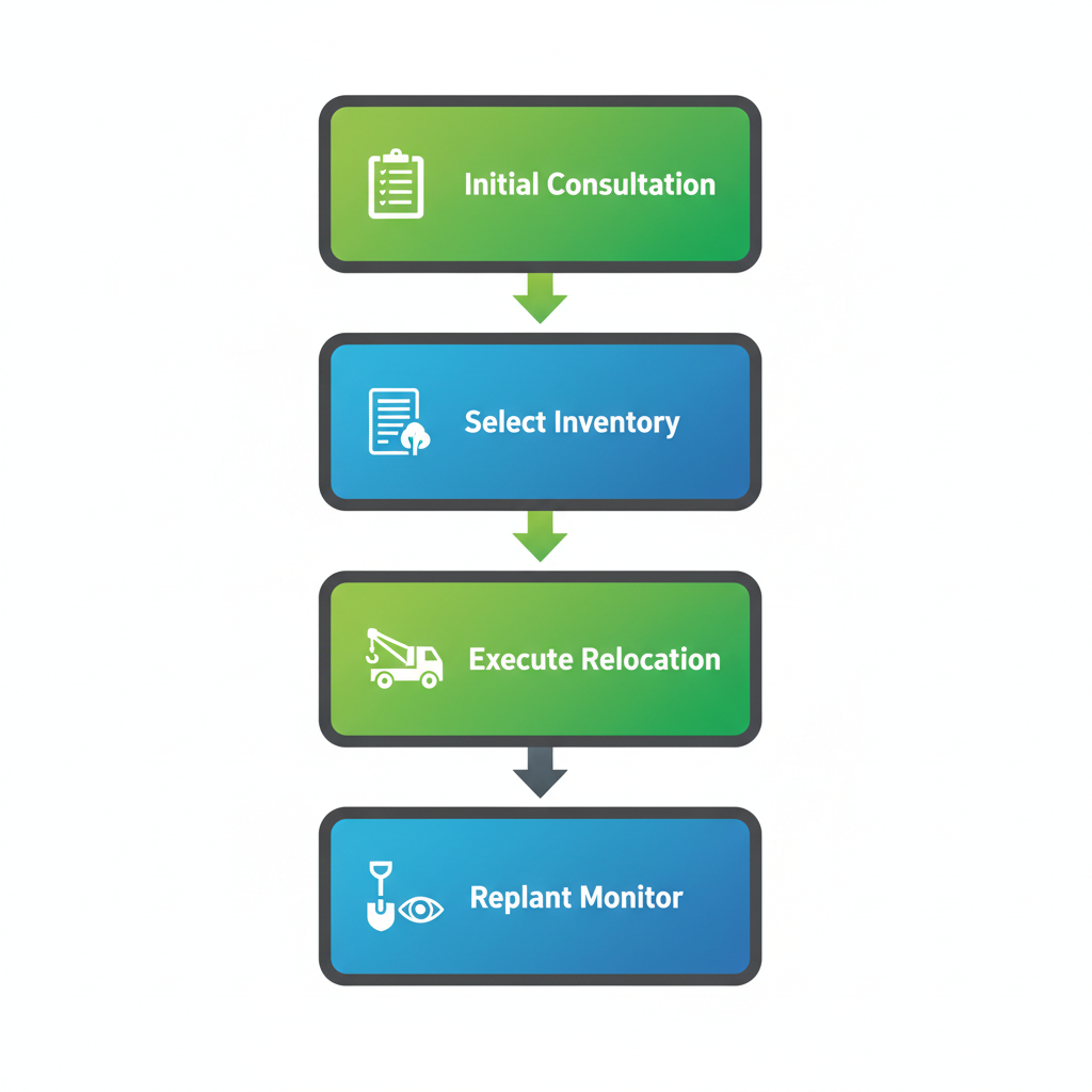 Vertical process flow diagram illustrating the five sequential steps for purchasing and relocating large trees with icons and brief labels