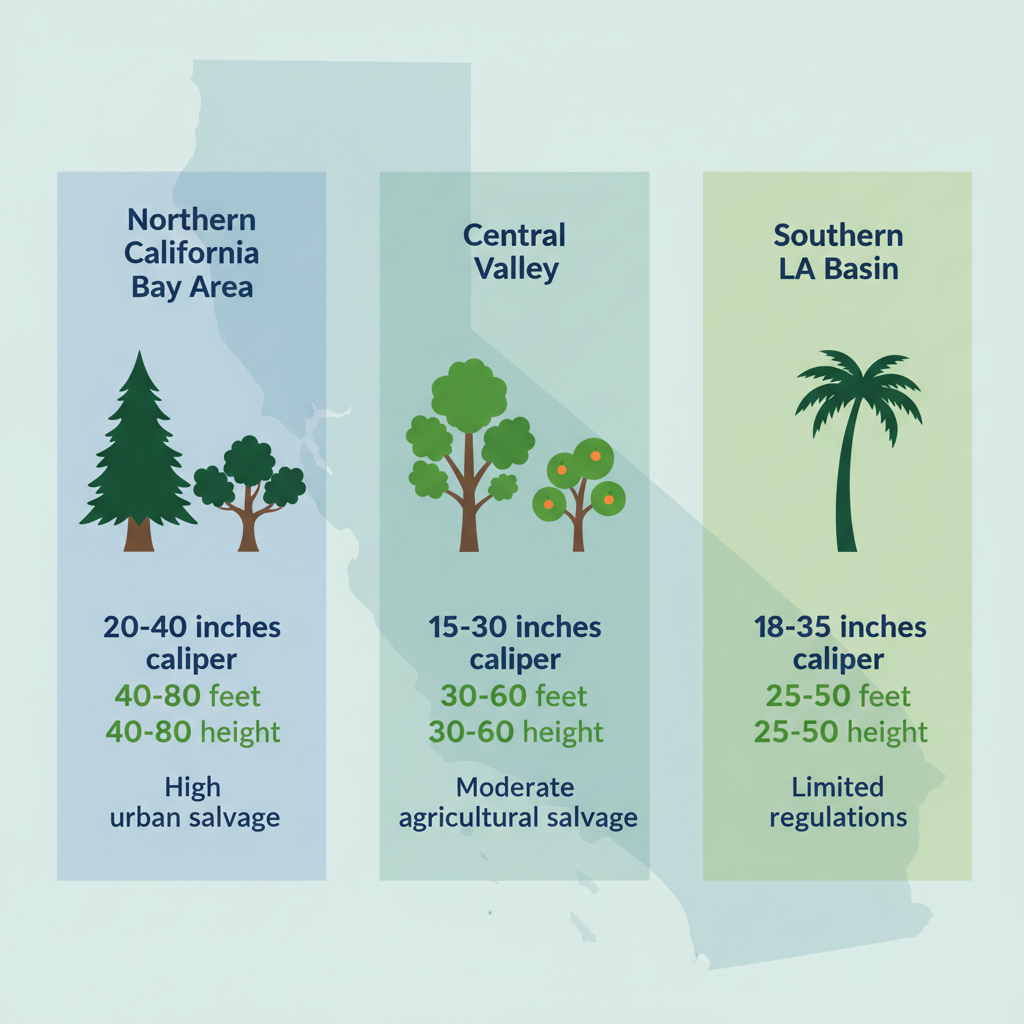 Infographic illustrating large tree availability across Northern Central and Southern California regions with species sizes and salvage details